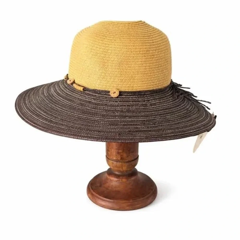 Kallina Sun Hat Tan Blue UPF 50+ Beaded Butterfly Wide Brim Coastal Beach Resort